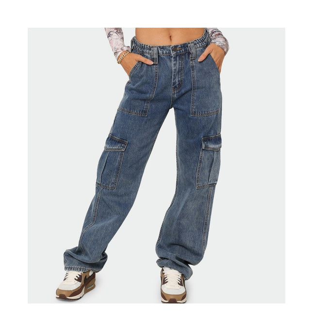 Women Casual Cargo Pants Mid Waist Straight Leg Denim Pants with Pockets