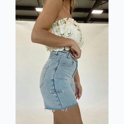 Women's Casual High Waisted Distressed Jean Shorts Frayed Raw Hem Denim Shorts