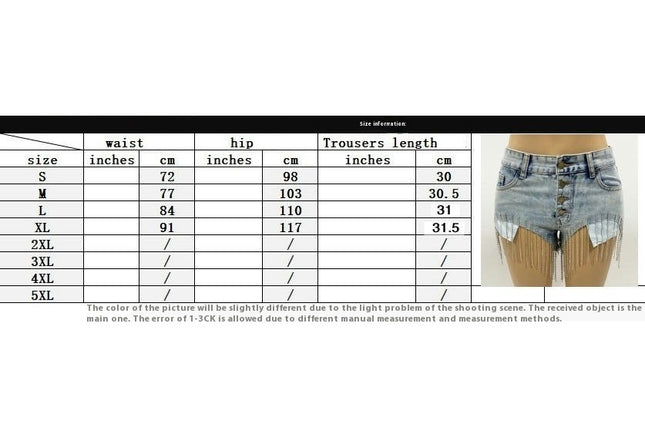 Women's Rhinestone Fringes Denim Shorts Summer Mid Rise Jeans Shorts