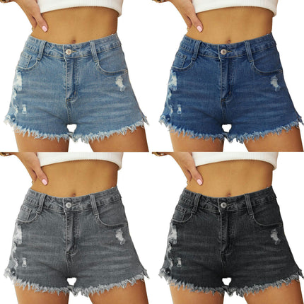 Jean Shorts for Women Mid Waisted Ripped Stretchy Raw Hem Casual Denim Shorts
