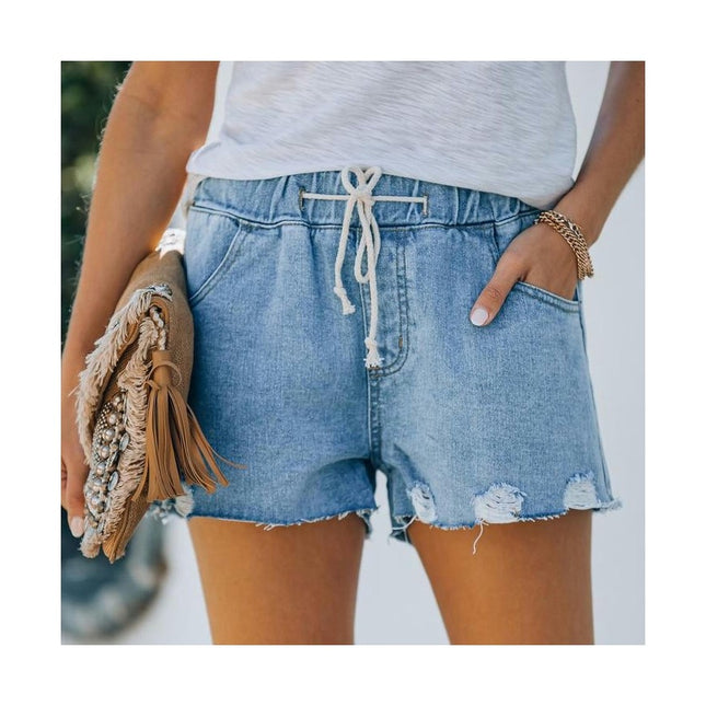 Women's Summer Elastic Waist Jean Shorts Raw Hem Denim Shorts