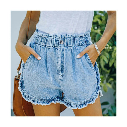 Womens Denim Shorts Casual Elastic Waist Frayed Raw Hem Ripped Short Jeans