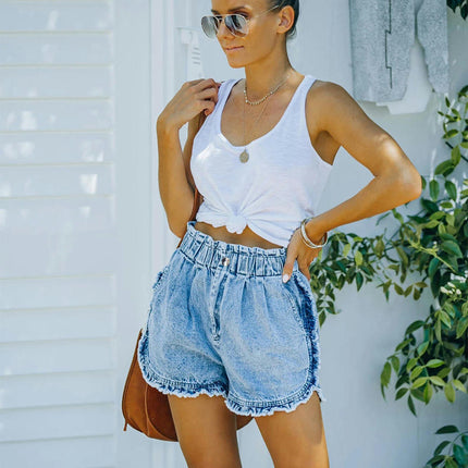 Womens Denim Shorts Casual Elastic Waist Frayed Raw Hem Ripped Short Jeans