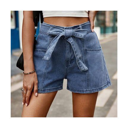 Women's Casual High Waisted Denim Belt Bowknot Waist Jean Shorts
