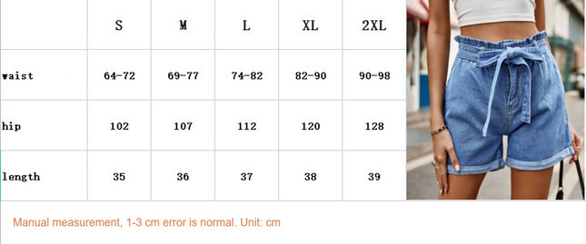 Women's High Waist Jean Shorts Belt Folded Hem Denim Jeans Shorts