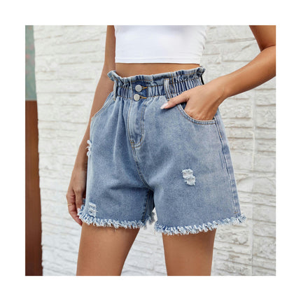 Womens Jean Shorts Casual Elastic Waist Raw Hem Denim Shorts
