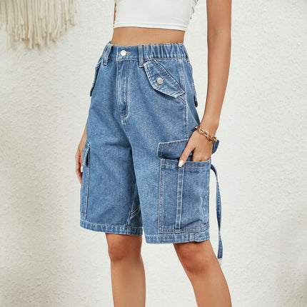 Womens Cargo Jean Shorts High Waisted Straight Leg Denim Shorts