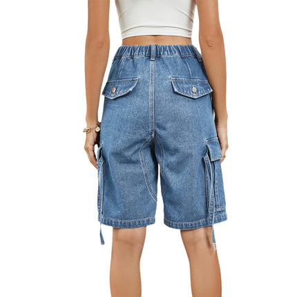 Womens Cargo Jean Shorts High Waisted Straight Leg Denim Shorts