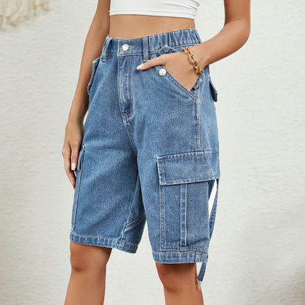 Womens Cargo Jean Shorts High Waisted Straight Leg Denim Shorts