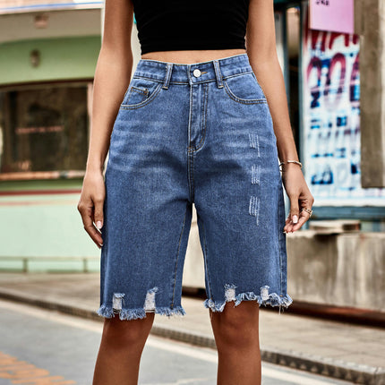 Women Bermuda Denim Shorts Destroyed Raw Hem Jean Shorts