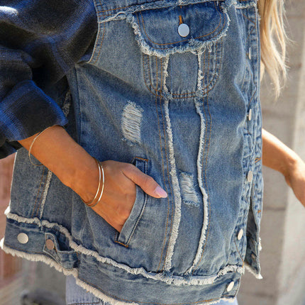 Denim Jacket for Women Distressed Button Up Frayed Hem Jean Jackets