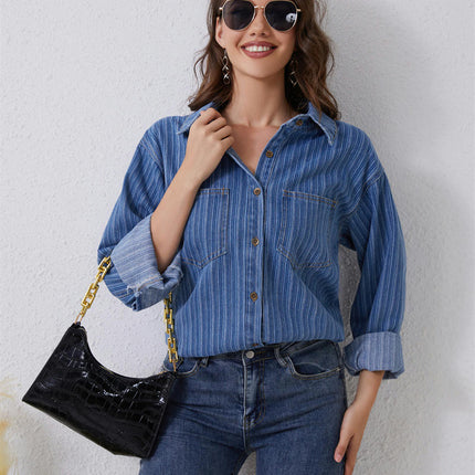Women's Long Sleeve Collared Shirt Button Down Denim Blouse Tops