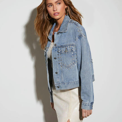 Women's Beaded Denim Jacket Long Sleeve Cropped Jean Coat