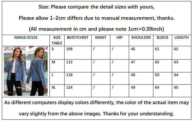 Women's Casual Denim Jacket Rivet Tassel Long Sleeve Jean Jacket