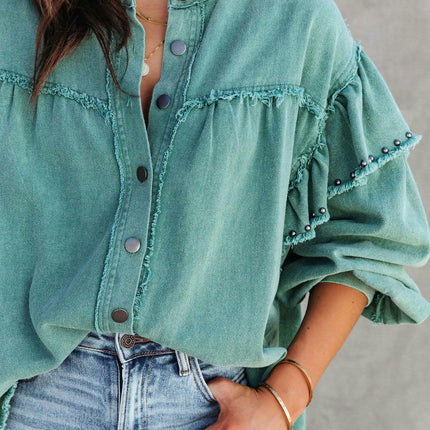 Long Sleeve Denim Jackets for Women Button Down Frayed Jean Jacket
