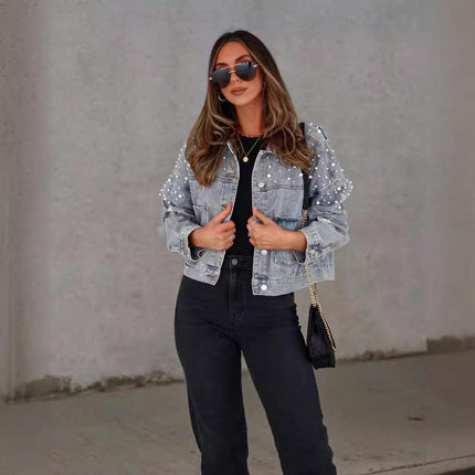 Women Casual Beading Cropped Denim Jacket Long Sleeve Jean Jacket