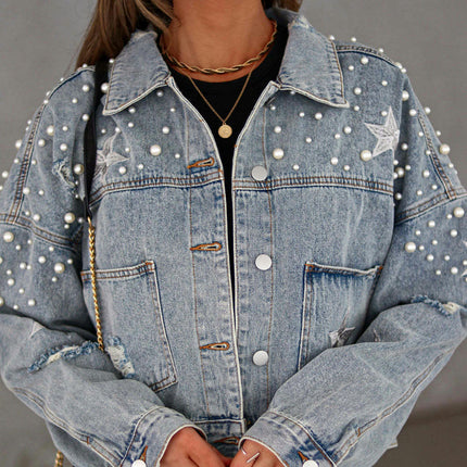 Women Casual Beading Cropped Denim Jacket Long Sleeve Jean Jacket