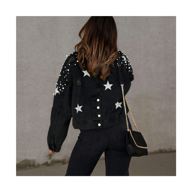 Women Casual Beading Cropped Denim Jacket Long Sleeve Jean Jacket