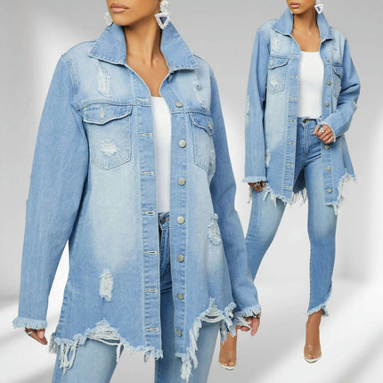 Women's Denim Jacket Casual Long Frayed Hem Distresse Jean Jacket