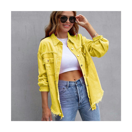 Women's Ripped Denim Shirt Jacket Long Sleeve Raw Hem Jean Jacket