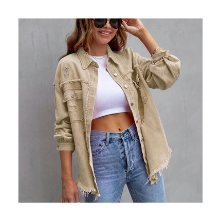 Women's Ripped Denim Shirt Jacket Long Sleeve Raw Hem Jean Jacket