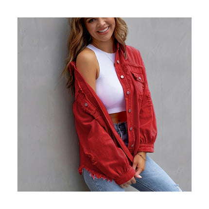 Women's Ripped Denim Shirt Jacket Long Sleeve Raw Hem Jean Jacket