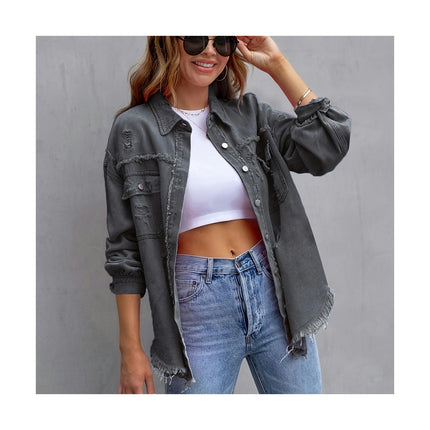 Women's Ripped Denim Shirt Jacket Long Sleeve Raw Hem Jean Jacket