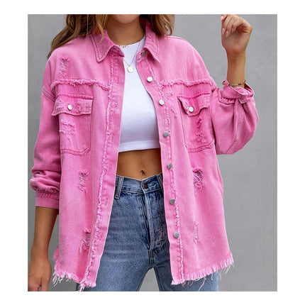 Women's Ripped Denim Shirt Jacket Long Sleeve Raw Hem Jean Jacket