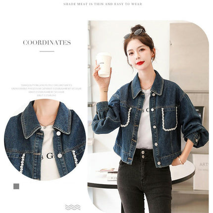 Women's Casual Beading Pearls Jean Jacket Long Sleeves Denim Jacket