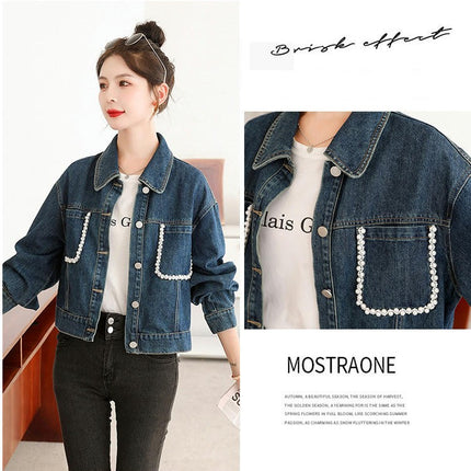 Women's Casual Beading Pearls Jean Jacket Long Sleeves Denim Jacket