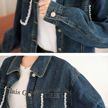 Women's Casual Beading Pearls Jean Jacket Long Sleeves Denim Jacket