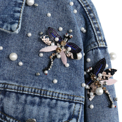 Women's Long Sleeve Jean Jacket Embroidered Rivet Pearl Denim Jacket Coat