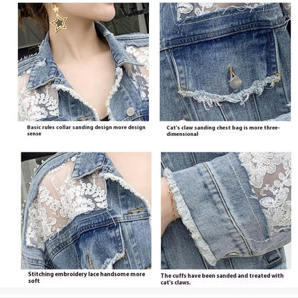 Women's See Through Floral Embroidery Lace Crop Denim Jacket Ripped Jean Jacket