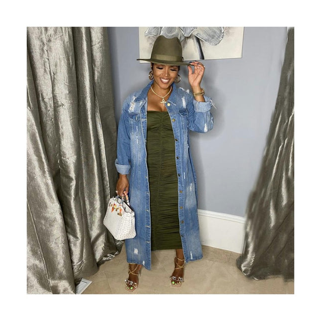 Women's Ripped Distressed Washed Long Denim Jacket Trench Coat