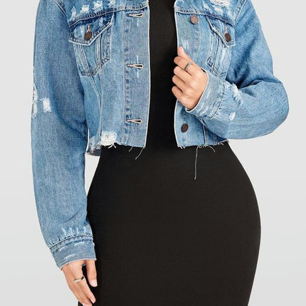 Women's Cropped Jean Jacket Button Up Casual Ripped Frayed Washed Denim Jacket
