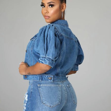 Women's Casual Puff Short Sleeve Slim Cropped Denim Jean Jacket