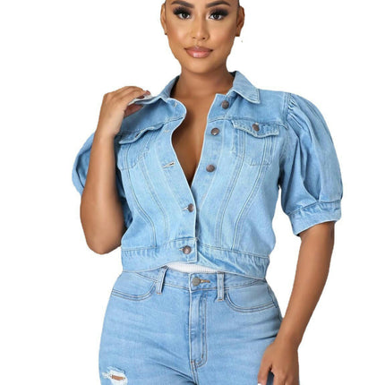 Women's Casual Puff Short Sleeve Slim Cropped Denim Jean Jacket