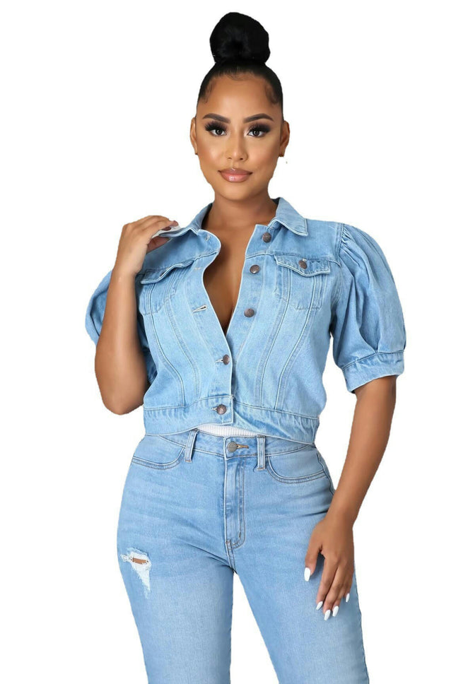 Women's Casual Puff Short Sleeve Slim Cropped Denim Jean Jacket