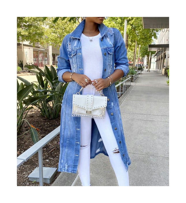 Women's Fashion Ripped Holes Maxi Long Denim Jacket Trench Coat