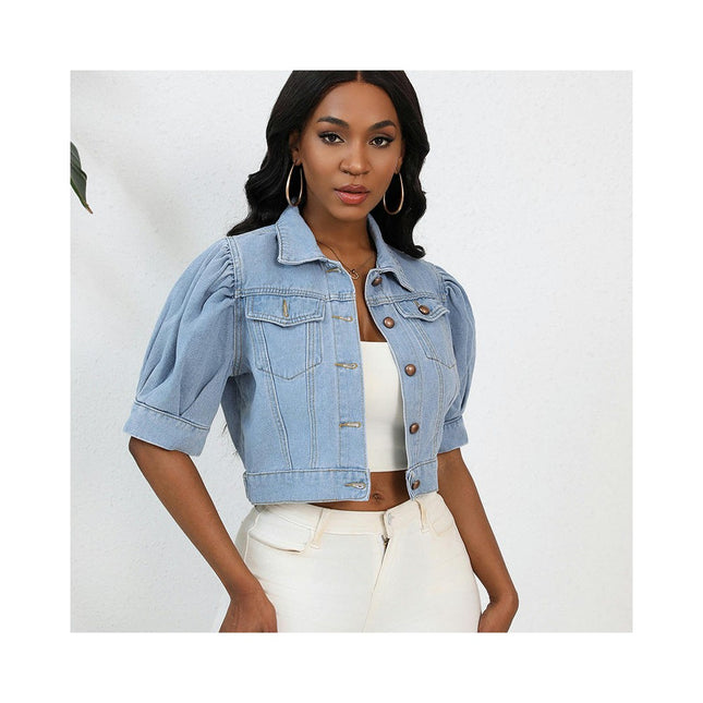 Casual Jean Jacket for Women Puff Short Sleeves Button-Down Denim Jacket