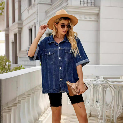 Womens Button Down Denim Jackets Casual Loose Fit Short Sleeve Jean Coats with Pockets