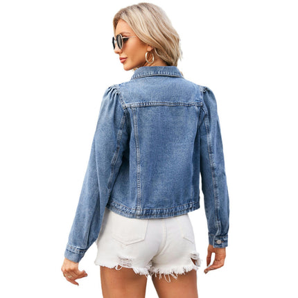 Women's Button Down Long Sleeve Cropped Denim Jean Jacket with Pockets