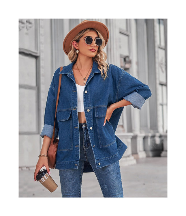 Women's  Loose Fit Mid Long Denim Jacket Long Sleeves Jean Jacket