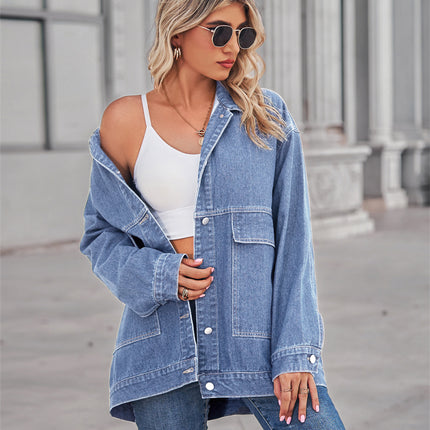 Women's  Loose Fit Mid Long Denim Jacket Long Sleeves Jean Jacket