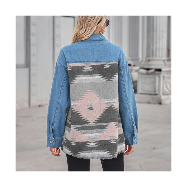 Women's Aztec Shacket Lapel Long Sleeve Button Down Jean Denim Jacket Coat