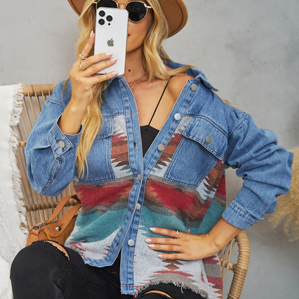 Women's Aztec Shacket Lapel Long Sleeve Button Down Jean Denim Jacket Coat