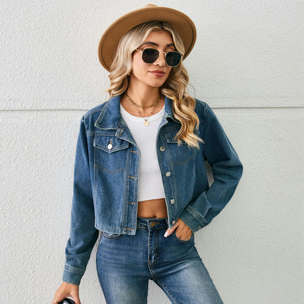 Women's Cropped Jean Jacket Button Up Casual Long Sleeve Denim Jacket