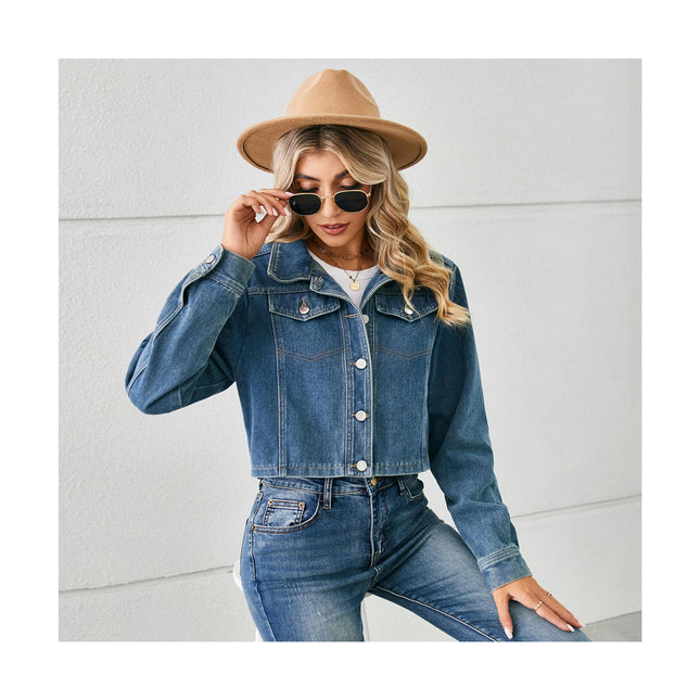 Women's Cropped Jean Jacket Button Up Casual Long Sleeve Denim Jacket