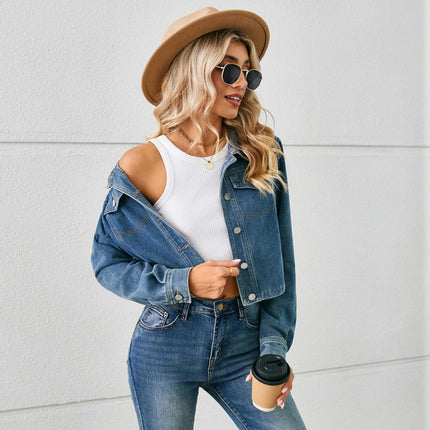 Women's Cropped Jean Jacket Button Up Casual Long Sleeve Denim Jacket