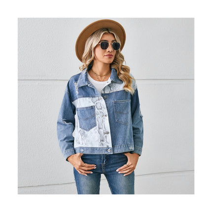 Women's Cropped Long Sleeves Button Down Printed Denim Jean Jackets